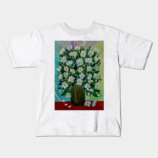 Some white and blue daisy In a gold and turquoise vase . Kids T-Shirt by kkartwork